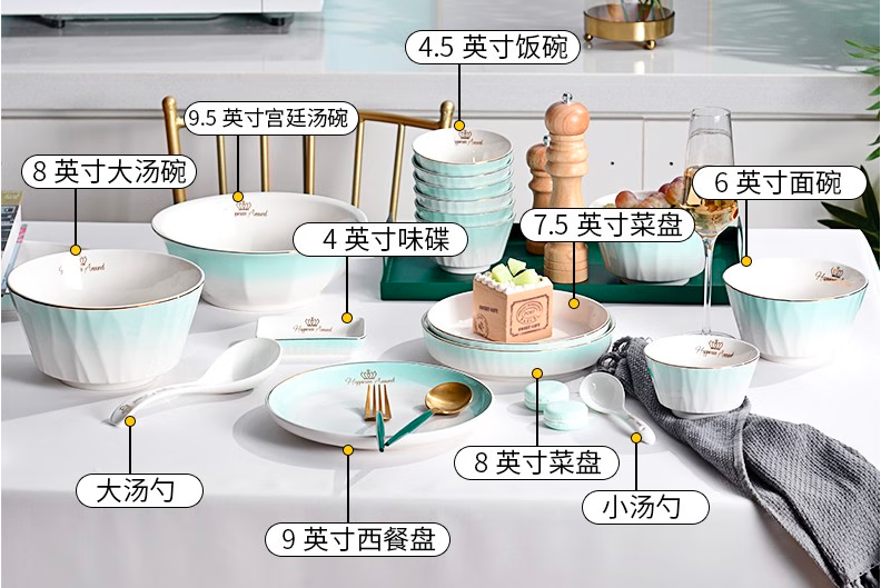 多种盘、碗和餐具的尺寸标注示意图